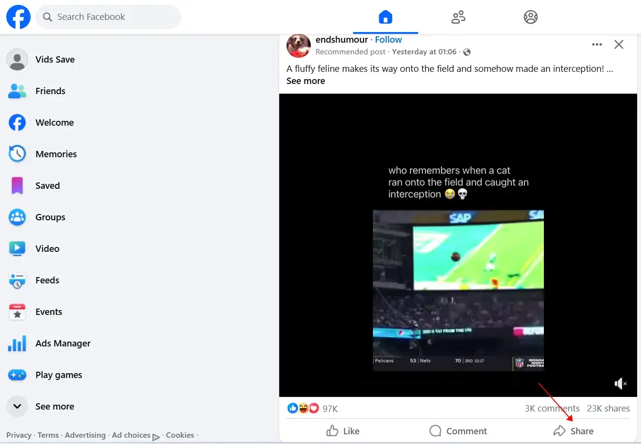 On facebook.com, open the video you like and click the Share button at the bottom right of the post.