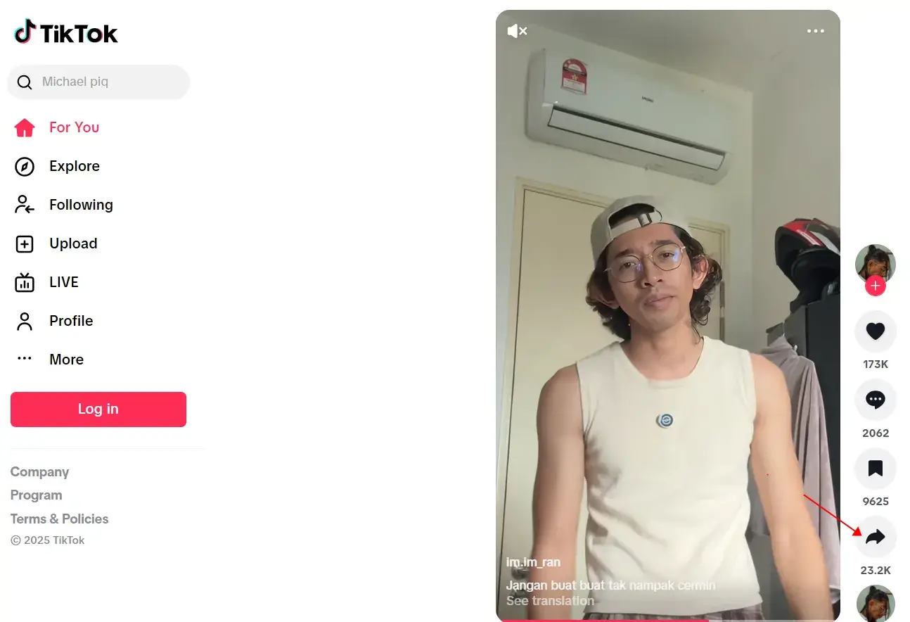 On tiktok.com, open the video you want and click the Share button at the bottom right.