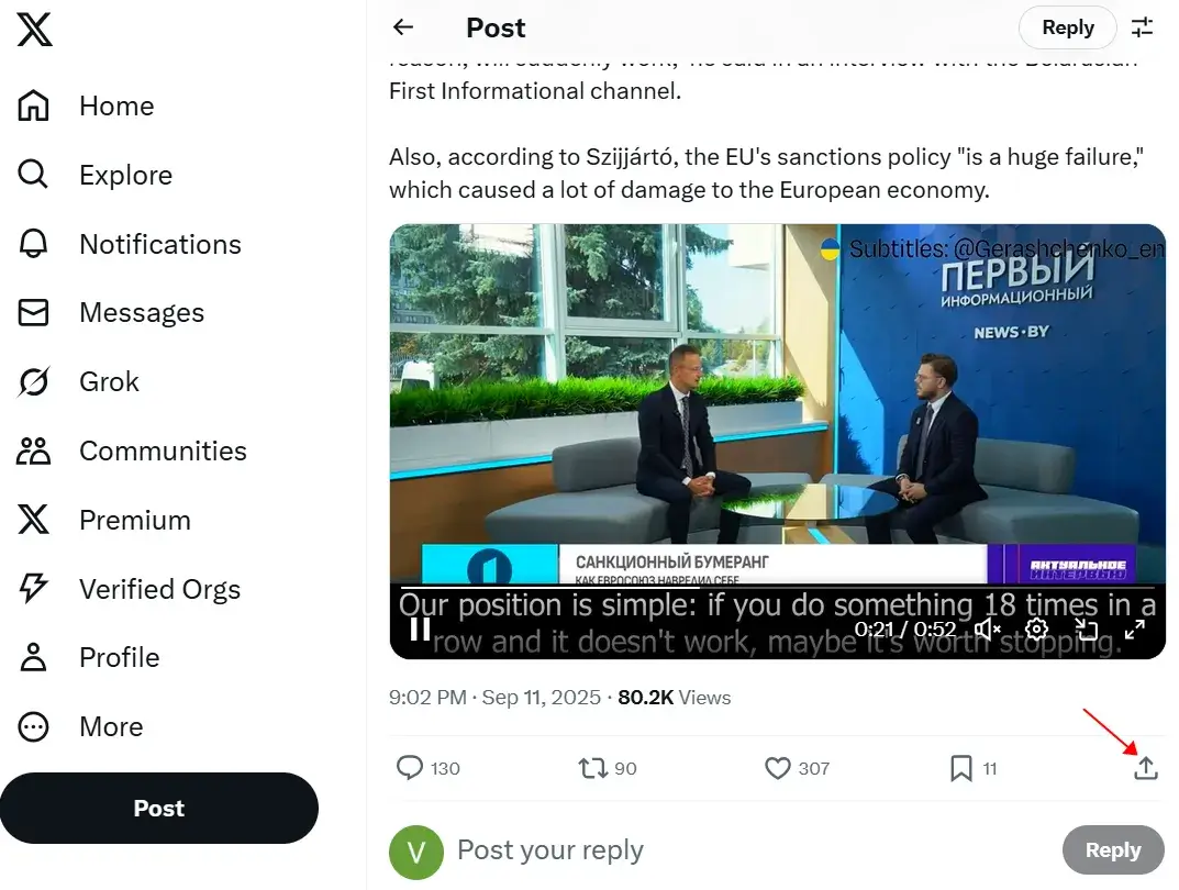 On twitter.com (X.com), open the tweet with the video you like and click the Share button at the bottom right.